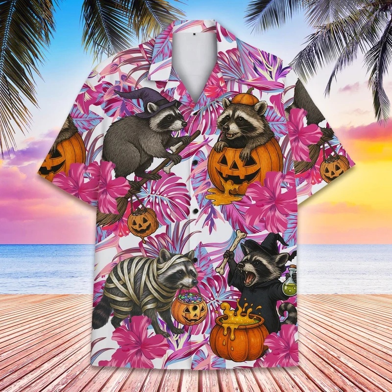 Vintage Hawaiian Floral Shirt - 남성용 여름 하와이안 라쿤 호박 Y2k