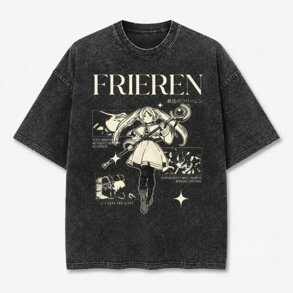 Acid Wash Vintage Graphic T Shirt - 빈티지 스타일의 ‘프리렌’ 애니메이션 티셔츠, 워싱