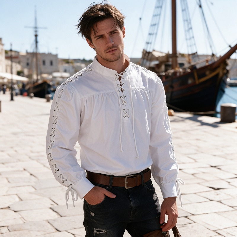 남성용 중세 해적 스타일 셔츠, 르네상스 시대 고딕 스 - Medieval Gothic Lace Up Pirate Shirt 리뷰 및 가격